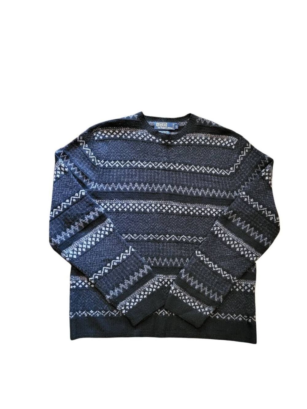 Vintage 90s Ralph Lauren Sweater Men's Large Grey Wool Hand Knit Fair Isle